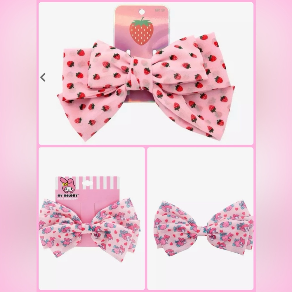 🎀3 Hair Bows NWT 🎀 2 My Melody 1 Strawberry 🍓 Milk 🥛